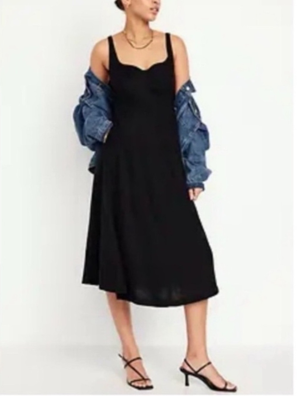Old Navy Black Midi Slip Dress with sweetheart neckline